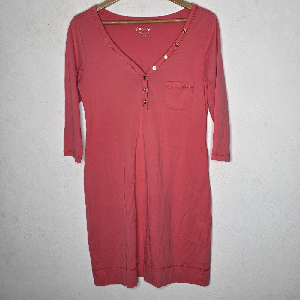 Lilly Pulitzer Eliza T Shirt Dress M Pink  Orange V Neck Cotton 3/4 Sleeves